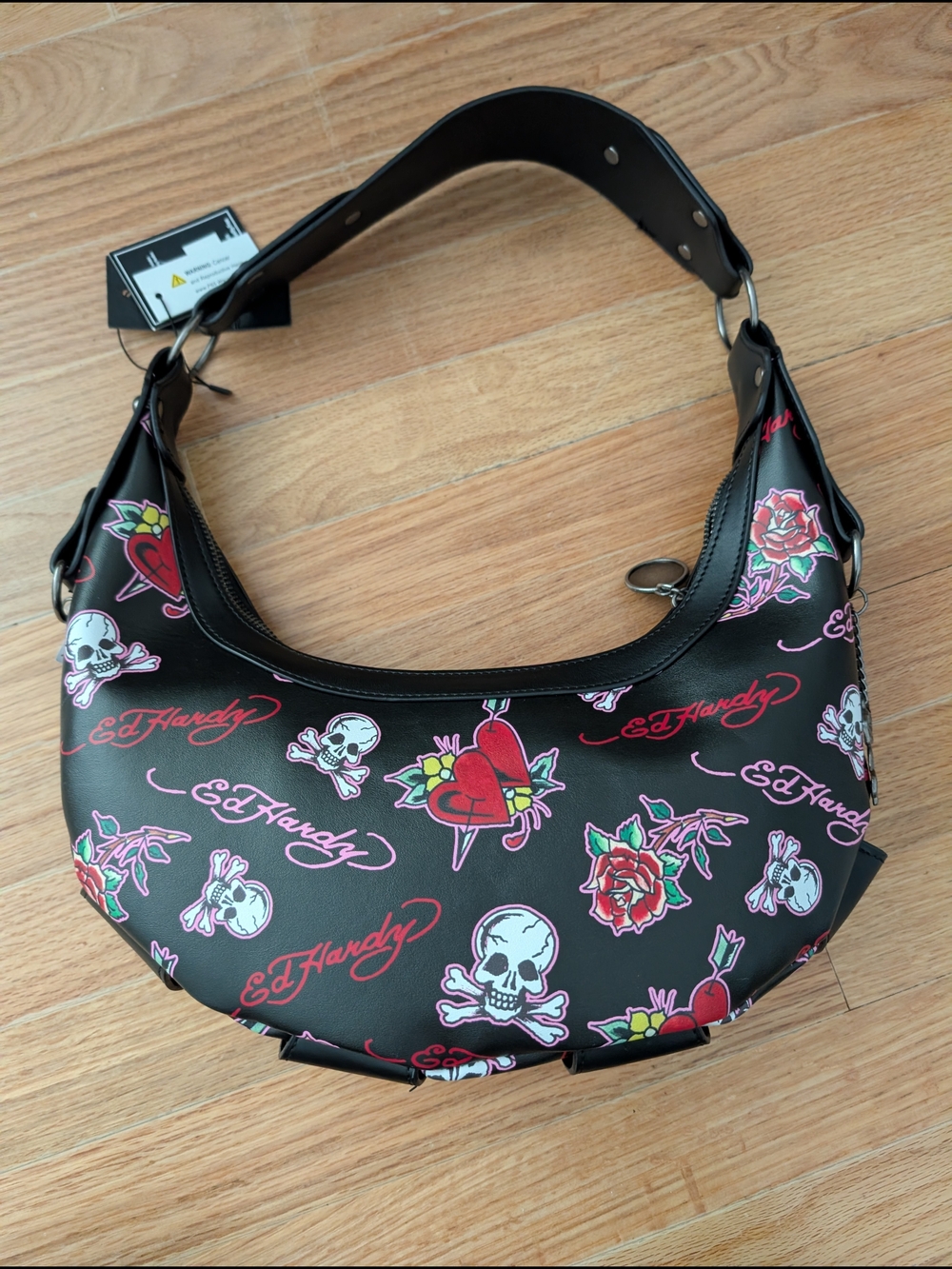 Ed Hardy Vegan Black Shoulder Bag with Red & Pink Tattoo Motifs New